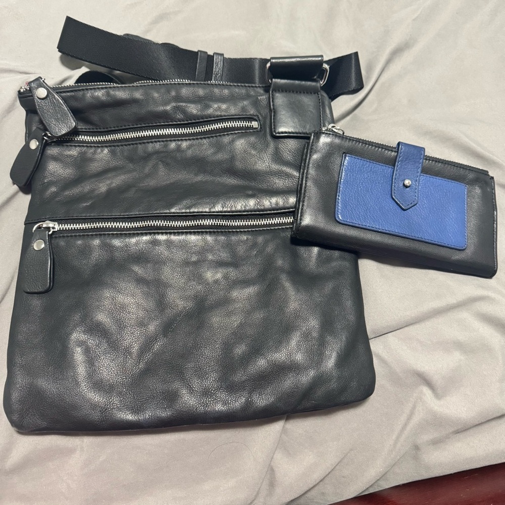margot Black Leather Crossbody with Blue Accent Wallet